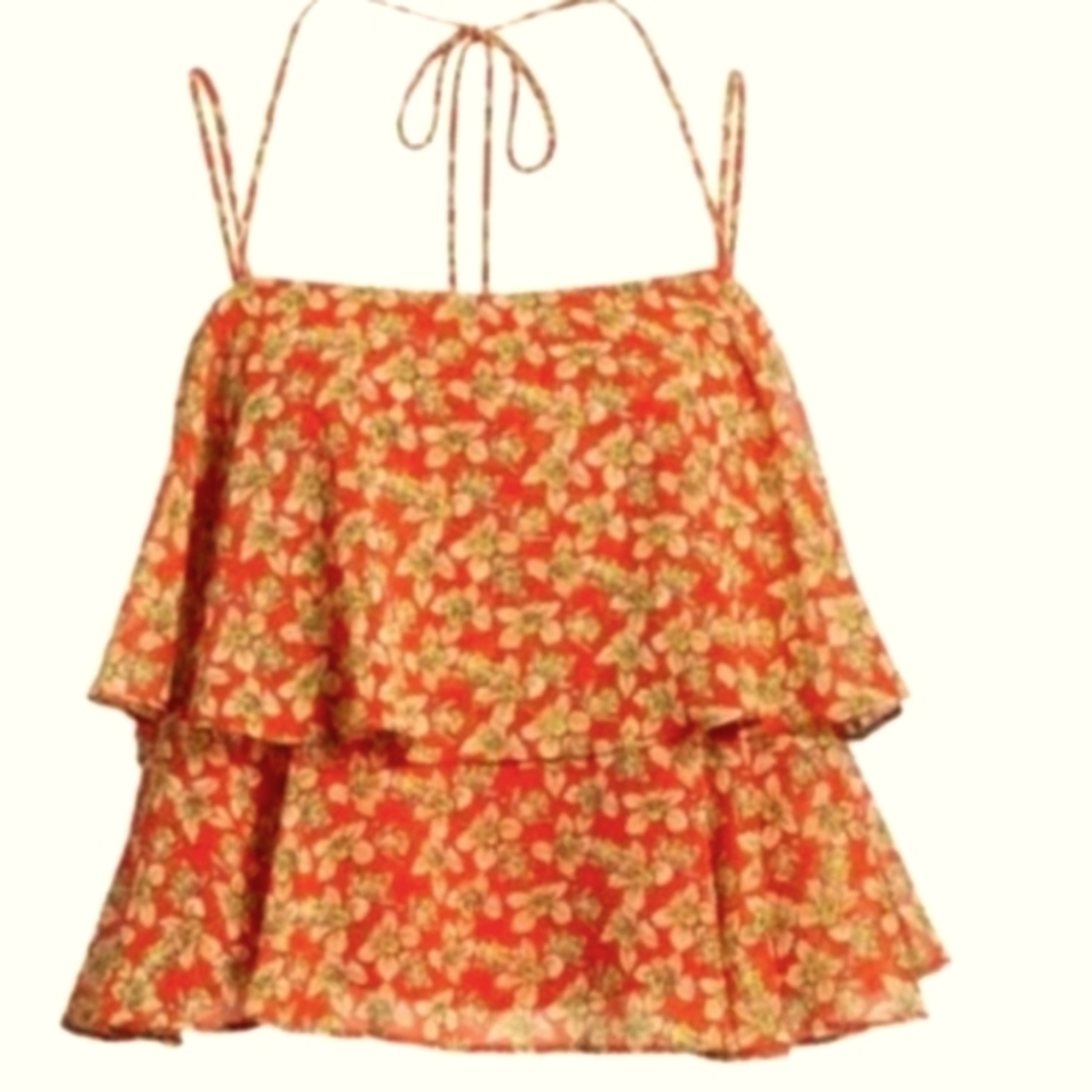 REBECCA MINKOFF Cynthia Tiered Ditsy Floral Rusty Orange Boho Gypsy Top NWT